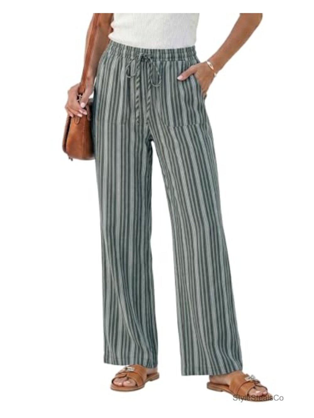 Womens Wide Leg Linen Pants High Waisted Elastic Waist Summer Beach Palazzo